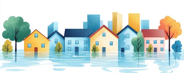 Flood disaster flat design front view natural disaster theme cartoon drawing colored pastel