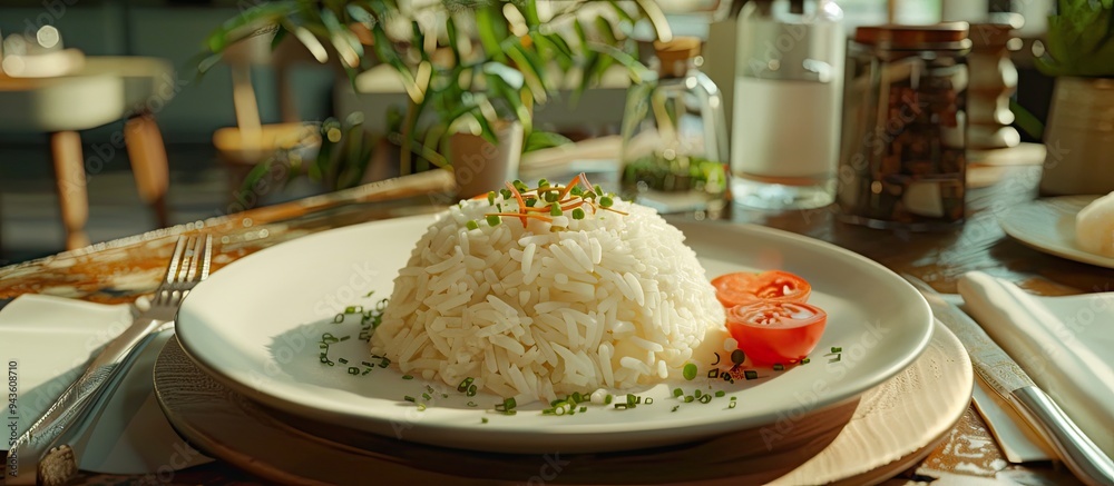 Poster plate with chicken rice in a restaurant showing empty copy space image