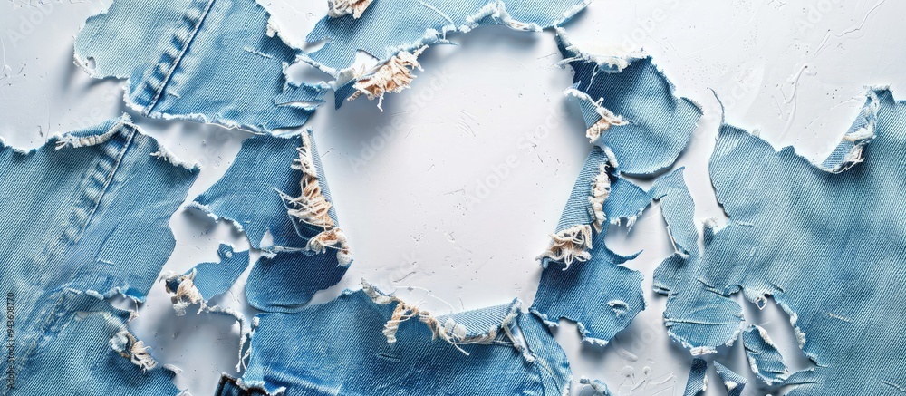Poster ripped jeans displayed on a white background with a hole in the denim fabric ideal for a copy space 