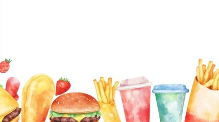 Famous fast food combos flat design front view meal deals theme watercolor vivid