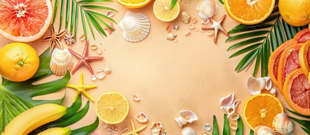 Leinwandbilder top view of a vibrant summer themed arrangement featuring seashells fruits and accessories on a tabl