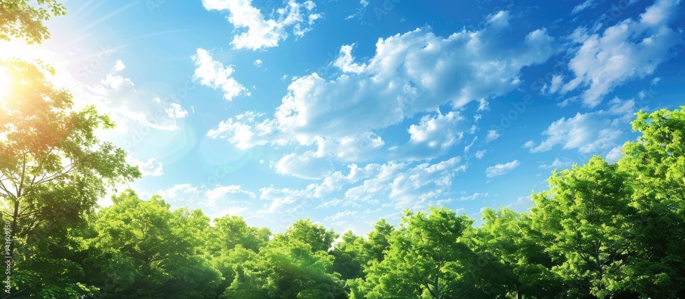Aufkleber nature background with a clear blue sky and unique white clouds above a lush green forest creating a
