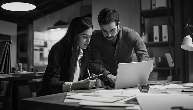 Colleagues collaborate on architectural project using tablet and laptop at construction site office