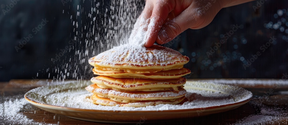 Poster An anonymous hand sprinkles powdered sugar over a stack of pancakes with a clear area for additional text or images in the picture