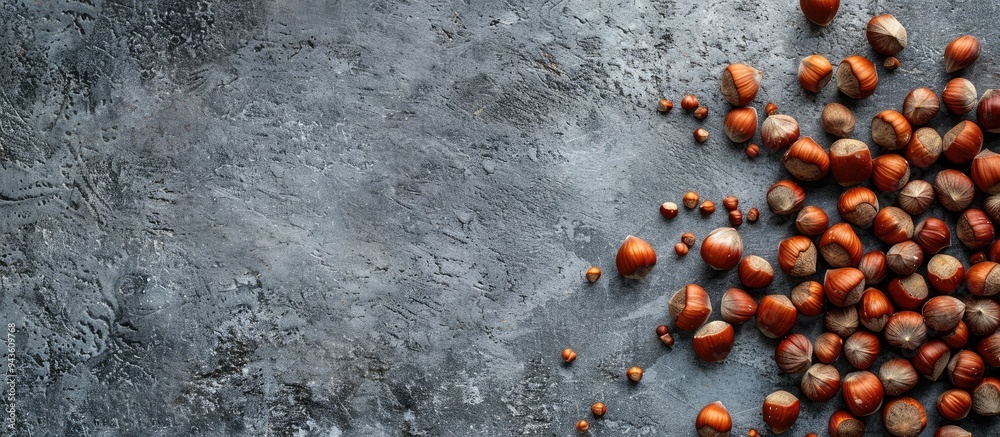 Aufkleber Top view of roasted hazelnuts on a gray stone surface with copy space image