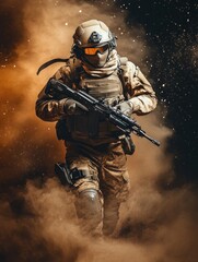 Fototapeta premium Soldier navigating through a smoky battlefield with rifle