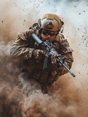 Obraz premium Soldier emerging from smoke with rifle in action