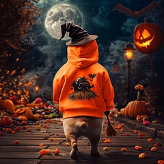 Naklejka premium A dog dressed in a Halloween costume, featuring fun and spooky elements. Perfect for themes of Halloween, pets, and festive celebrations
