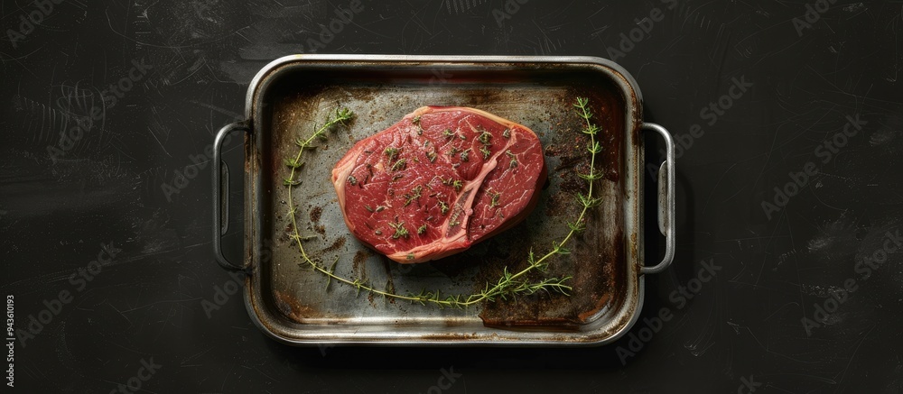Poster Steak with thyme on a steel tray against a black background in a top view copy space image
