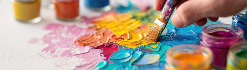 Fototapeta premium Vibrant colors blend on a painter's palette as a brush mixes various hues, capturing the essence of artistic creativity and expression.