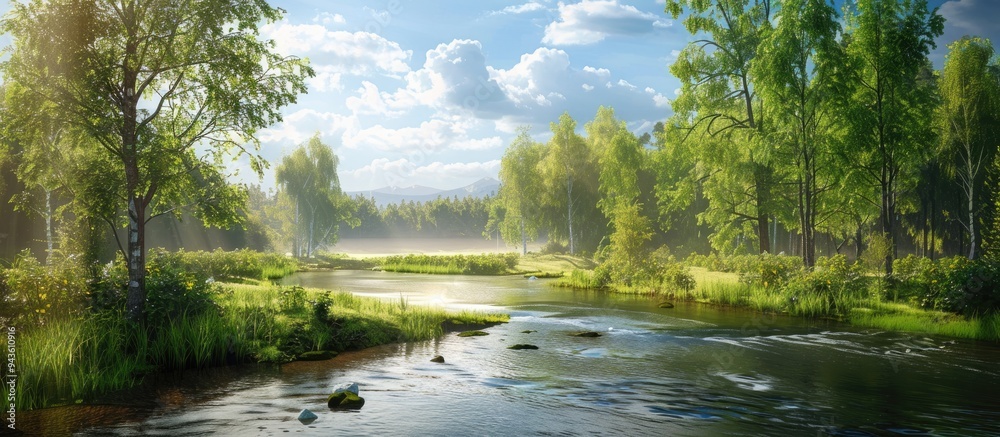 Poster Scenic summer landscape with greenery trees river creating a picturesque panoramic view perfect for a copy space image