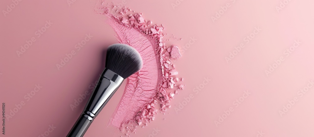 Poster An elegant makeup brush is placed on a universal tone blush swatch against a pastel background creating a copy space image Top view showcases product design