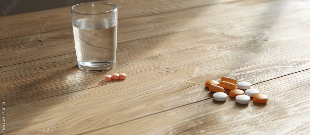 Poster Wooden table hosting various pills an organizer and a glass of water in close up view with available space for text alongside the image. Creative banner. Copyspace image