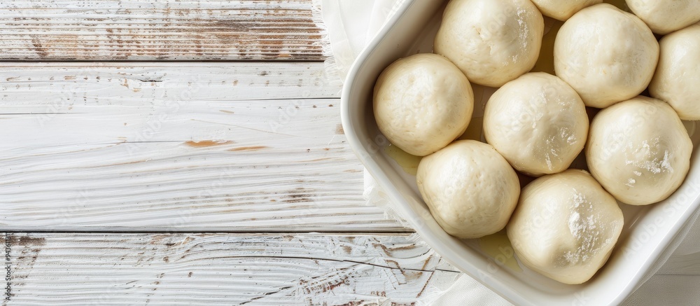 Poster top down view of scrumptious dough balls in a baking dish on a white wooden surface with ample space