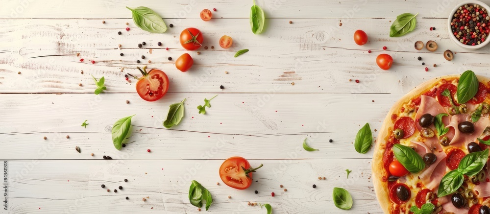 Poster A delicious pizza topped with cured ham olives tomatoes and basil arranged on a white wooden table in a flat lay composition with room for adding text in the image. Creative banner. Copyspace image