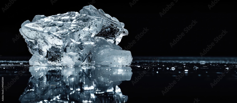 Aufkleber clear ice piece on reflective black surface with copy space image