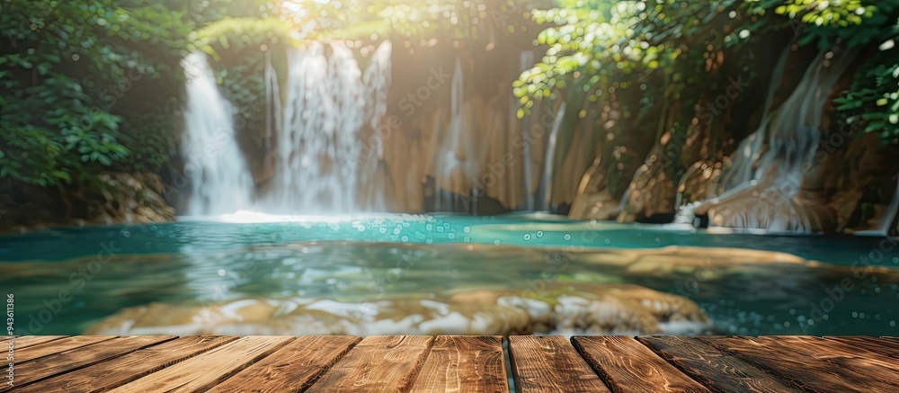 Poster Wooden table with a blurred tropical waterfall backdrop in summer creating a perfect copy space image for showcasing and advertising products