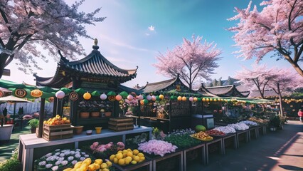 Obraz premium A Chinese Market Under Cherry Blossoms