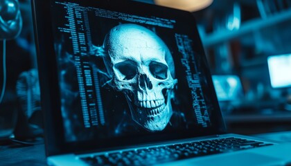 Intrusion alert  visualizing cybercrime with a hacked laptop displaying a skull and system error