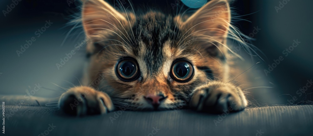 Poster Adorable feline gazing directly at you with a soft background and plenty of copy space image