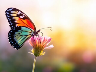 Fototapeta premium A vibrant butterfly resting on a colorful flower, showcasing nature's beauty in a delicate and serene setting.