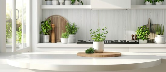 A chic white kitchen setting with a circular white platform for showcasing eco friendly or healthy items featuring a cutting board and herbs on the counter in the foreground with ample space for text