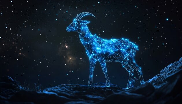 Digital artwork of the glowing blue goat constellation symbolizing capricorn in a starry sky