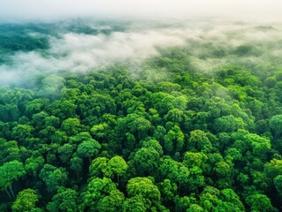 Aerial view of a lush green forest blanketed in mist, showcasing the beauty of nature and biodiversity.
