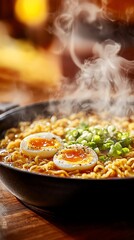A rustic bowl of steaming hot ramen in a cozy, traditional Japanese wooden kitchen, with fresh green onions and softboiled egg, captured in warm, inviting lighting