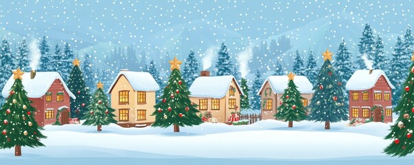 Fototapeta premium Winter Wonderland: Cozy Village with Christmas Trees, Snowfall, and Wood Smoke
