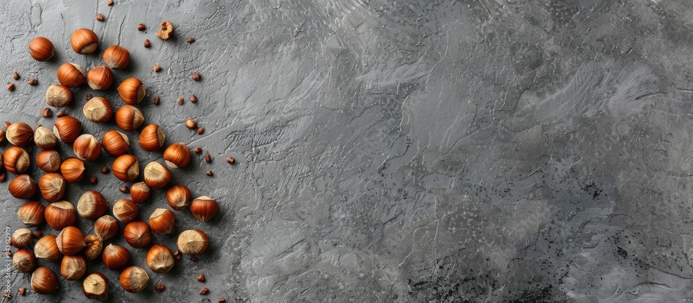 Aufkleber Top view of roasted hazelnuts on a gray stone surface with copy space image