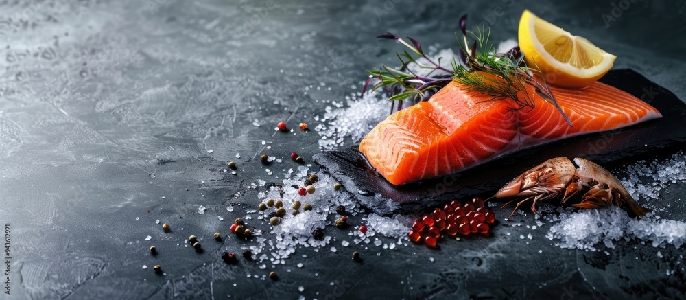Poster A fresh salmon fillet on a table with a red fish creating a seafood meal displayed with copy space image background