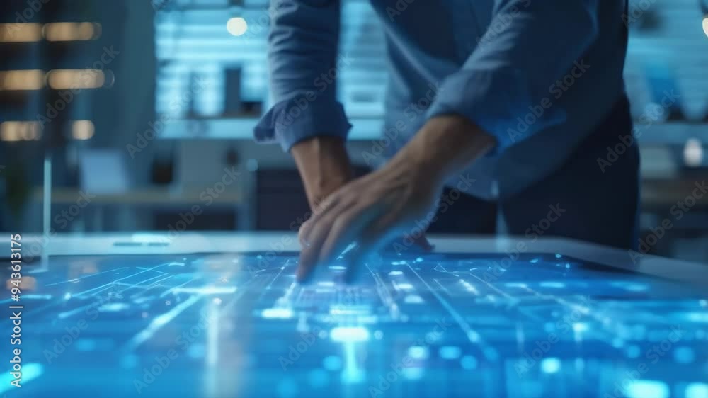 Poster Engineer interacting with a futuristic digital interface on a large touch screen in a modern workspace. Concept of advanced technology, innovation, and digital engineering, 