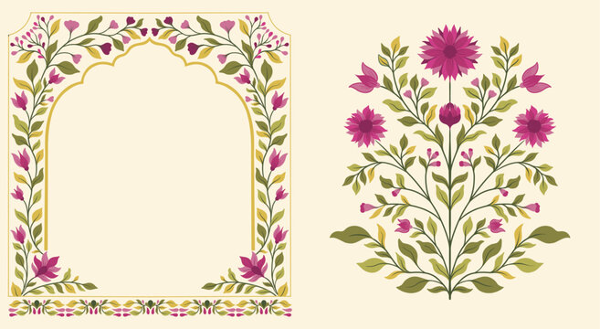 Mughal decorative ornamental floral. Vintage intricate traditional mughal style with flowers and foliage.