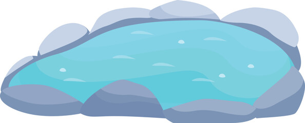 Serene blue pond is surrounded by large gray stones, reflecting the clear sky above