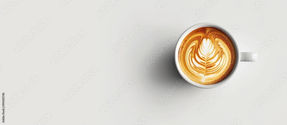Poster A flat lay image showcasing coffee in a white cup with milk served on a glossy table with ample copy space for text or design elements