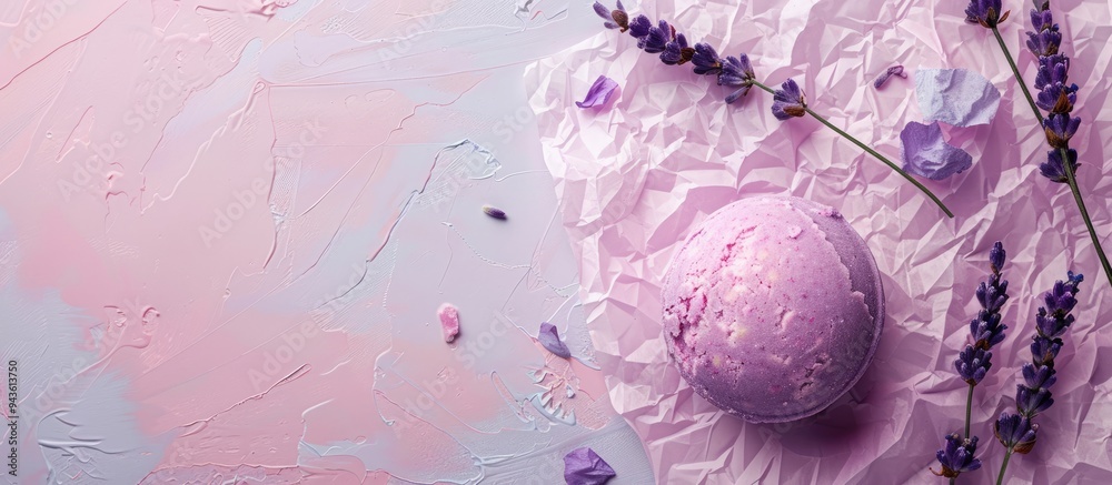 Poster colorful background with lavender bath bomb and crumpled paper ideal for copy space image