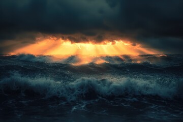 A stormy ocean with large waves crashing against the shore