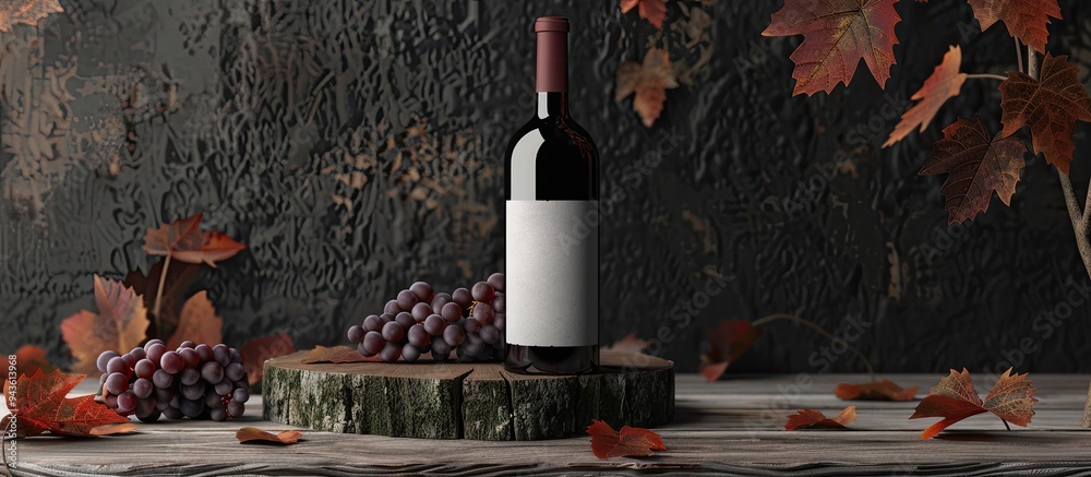 Aufkleber red wine bottle with blank label old tree stump grapes and dried vine leaves in the backdrop perfect