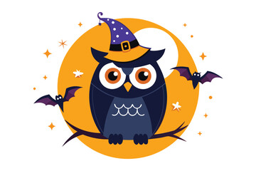 Halloween owl wearing a Halloween cap sits on an orange half moon D.eps