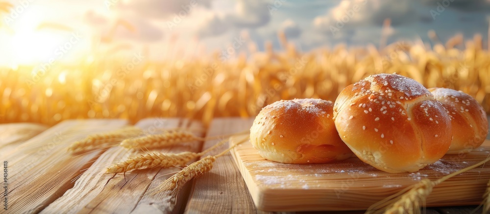 Poster wooden table displaying freshly baked buns with a blurred backdrop of a wheat field in summer provid