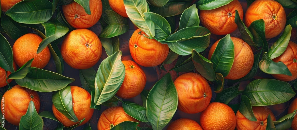 Leinwandbilder top down view of numerous ripe mandarins with vibrant green leaves on a colorful backdrop ideal for 