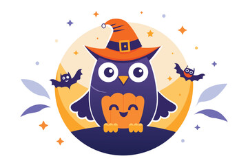Halloween owl wearing a Halloween cap sits on an orange half moon J.eps