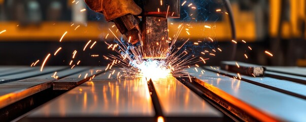 A macro shot of steel plates being welded together on a production line