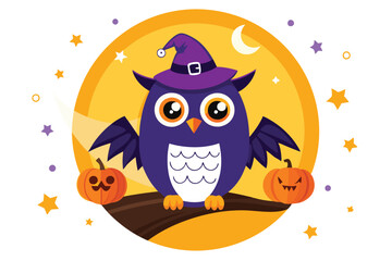 Halloween owl wearing a Halloween cap sits on an orange half moon I.eps