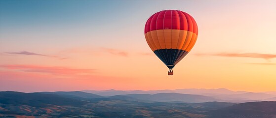 Fototapeta premium A vibrant hot air balloon floats gracefully over scenic hills at sunset, capturing a moment of tranquility and adventure.