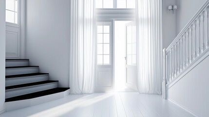 Obraz premium Bright white minimalist entryway modern staircase clean walls sunlight streaming neutral aesthetic airy elegant copy space welcoming entrance Scandinavian design high-key interior background backdrop 