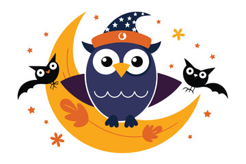 Halloween owl wearing a Halloween cap sits on an orange half moon N.eps