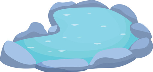 Cartoon natural pond surrounded by stones is reflecting the clear sky on a sunny day