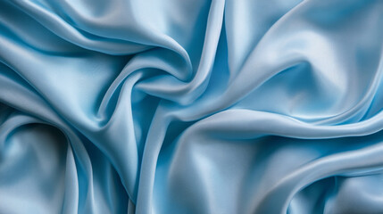 Fototapeta premium Close-up of light blue satin fabric with soft, flowing folds, showcasing its smooth texture and elegant, glossy finish. 